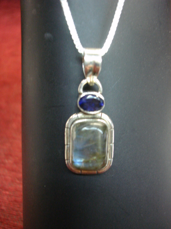 Sterling silver pendant with labradorite and blue stone, Southwest style