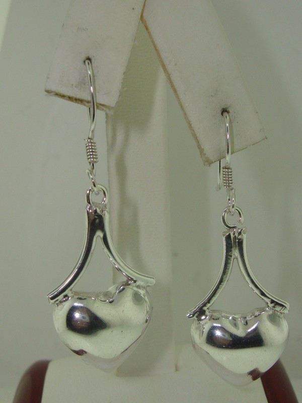 Vintage sterling silver Mexican dangle earrings, signed TD-29, puffy heart design