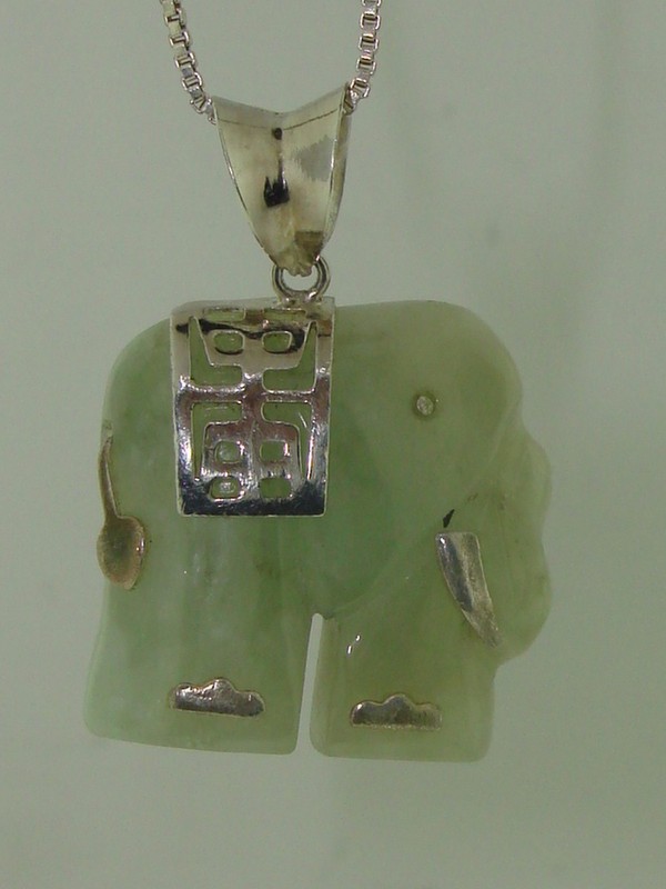 Sterling silver carved jade elephant pendant necklace with 18-inch chain
