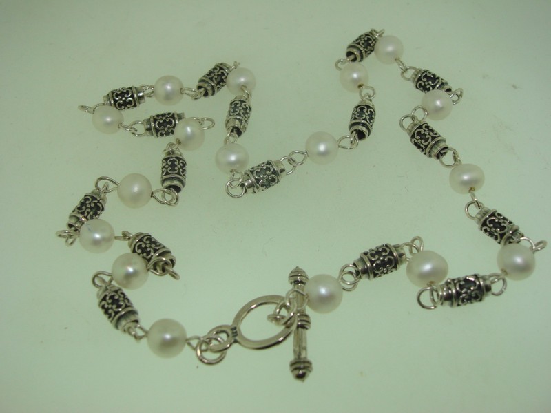 Sterling silver filigree pearl toggle necklace