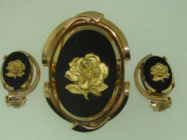 Vintage mid-century black molded glass and gold rose pin and earring set