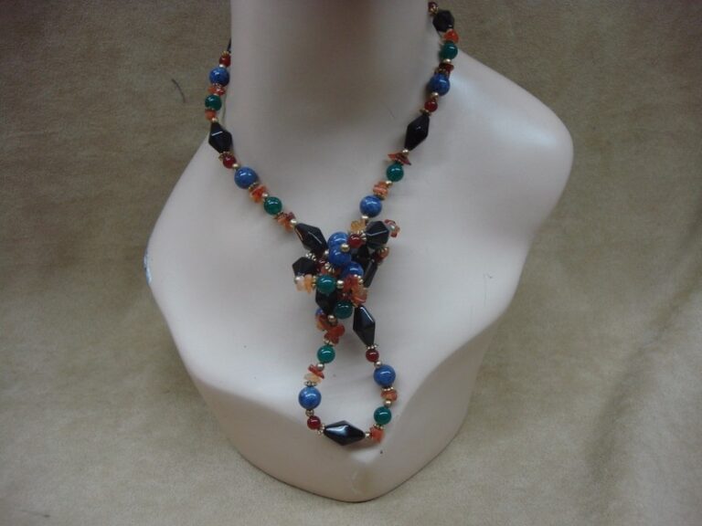 Vintage 1980s gemstone necklace with onyx, carnelian, chrysoprase, and amber beads