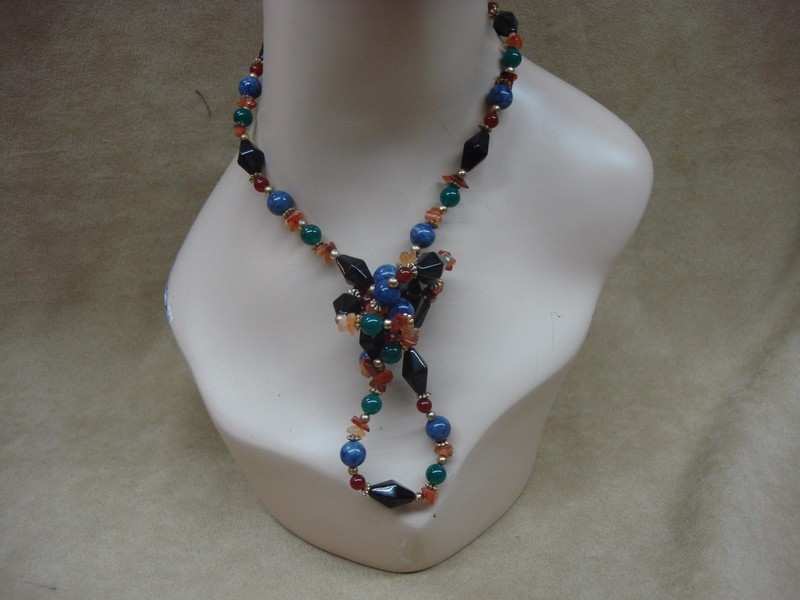 Vintage 1980s gemstone necklace with onyx, carnelian, chrysoprase, and amber beads