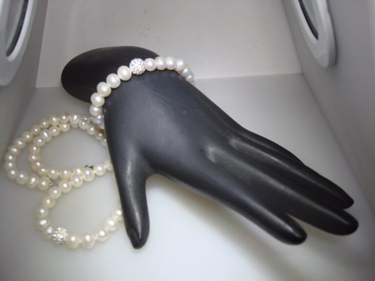 Sterling silver freshwater pearl and CZ necklace and bracelet set
