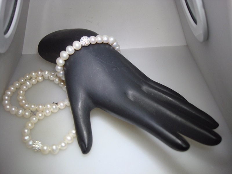Sterling silver freshwater pearl and CZ necklace and bracelet set