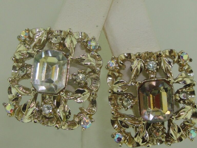 Vintage 1960s Coro rhinestone earrings with openwork design and AB & clear stones