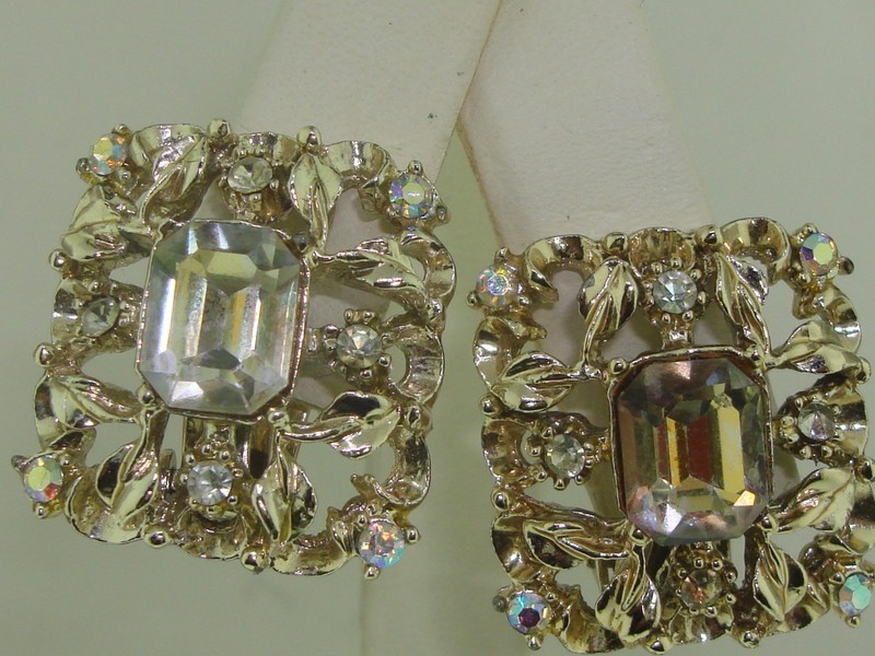 Vintage 1960s Coro rhinestone earrings with openwork design and AB & clear stones