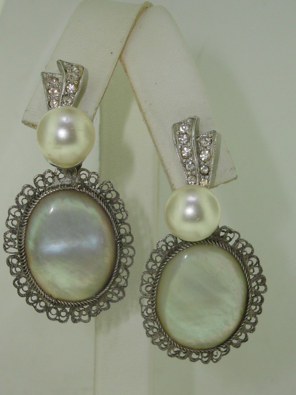 Vintage 1940s mother of pearl and rhinestone filigree earrings
