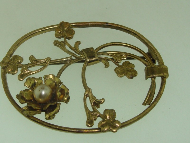 Antique Celtic gold-washed shamrock brooch with faux pearl
