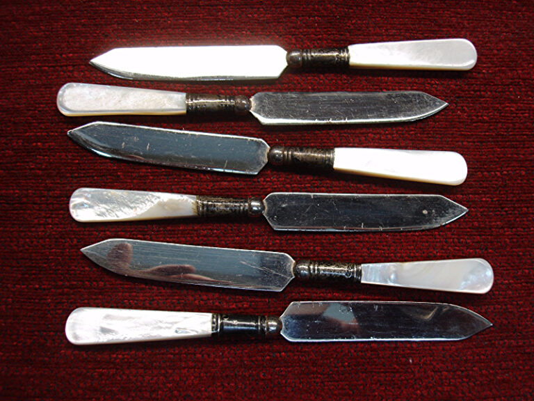 Set of 6 vintage mother of pearl handled fruit knives with sterling silver shank wrapping