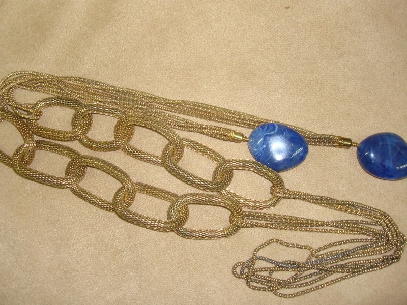 Vintage gold-tone mesh belt with cobalt blue glass ends, 1960s-70s