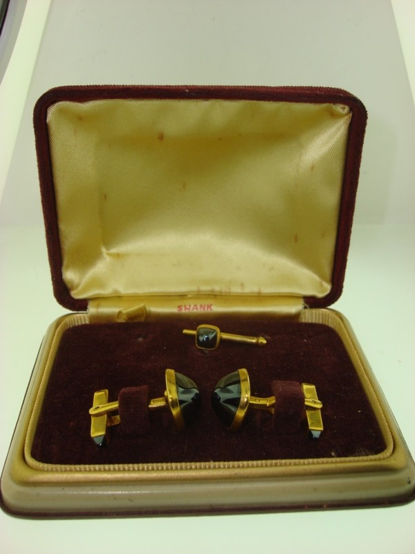 Vintage Art Deco cufflinks and stud set by Swank, 1930s, hematite, original box
