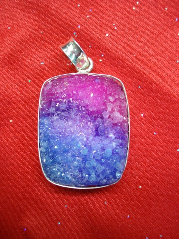 Vibrant pink and blue druzy quartz pendant in sterling silver