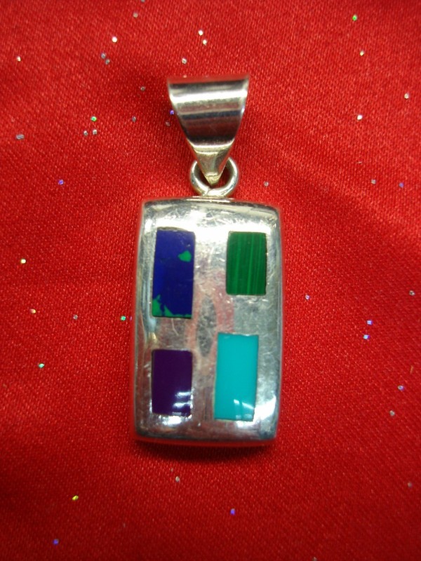Sterling silver pendant with turquoise and malachite inlays