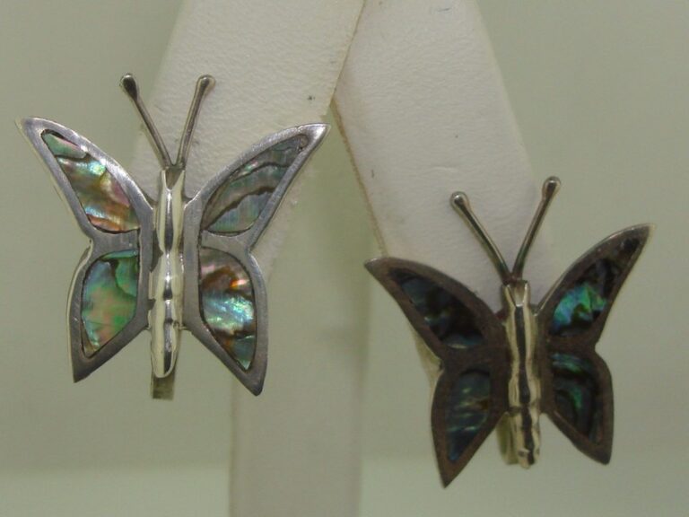 Vintage Mexican Sterling Silver Abalone Butterfly Earrings, Signed JRF