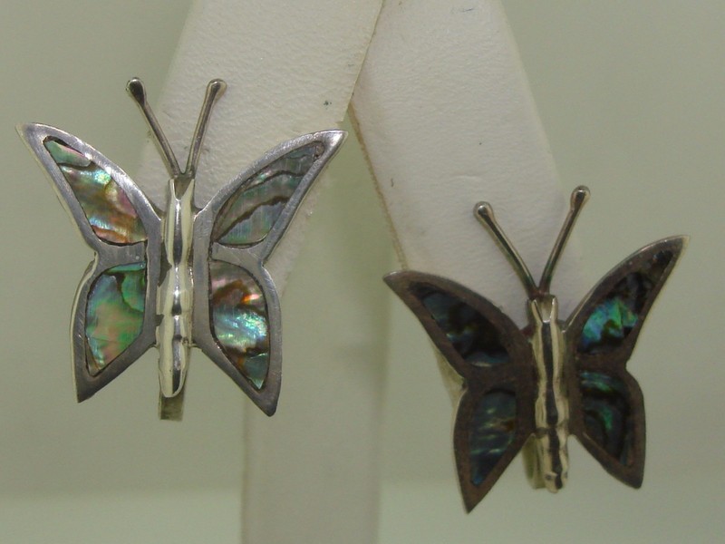 Vintage Mexican Sterling Silver Abalone Butterfly Earrings, Signed JRF