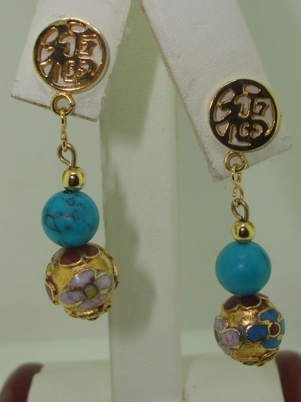 Gold-tone Chinese good luck symbol dangle earrings with turquoise and Venetian glass