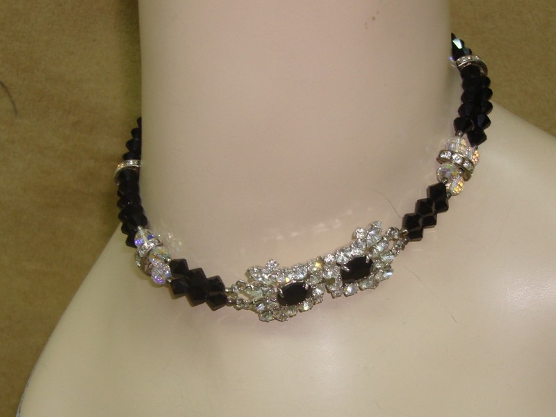 Vintage black glass and rhinestone choker necklace, 1950s-60s