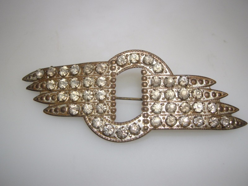 Art Deco cut steel pin with rhinestones, antique 1910s jewelry