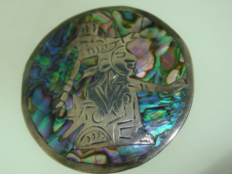 Vintage Mexican Sterling Silver Aztec God Pin with Abalone Inlay