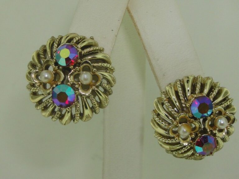 Vintage 1960s Coro gold tone filigree earrings with pearls and AB rhinestones