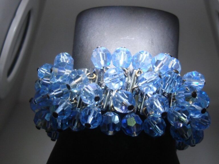 Vintage 1970s Japanese blue AB crystal stretch bracelet with three rows of faceted beads