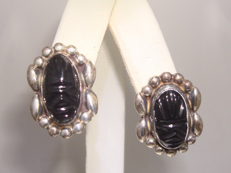 Vintage Mexico signed sterling silver black glass mask earrings