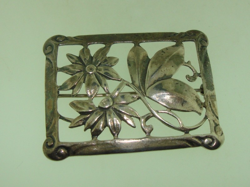 Art Nouveau sterling silver flower brooch, 1930s-40s, signed Sterling