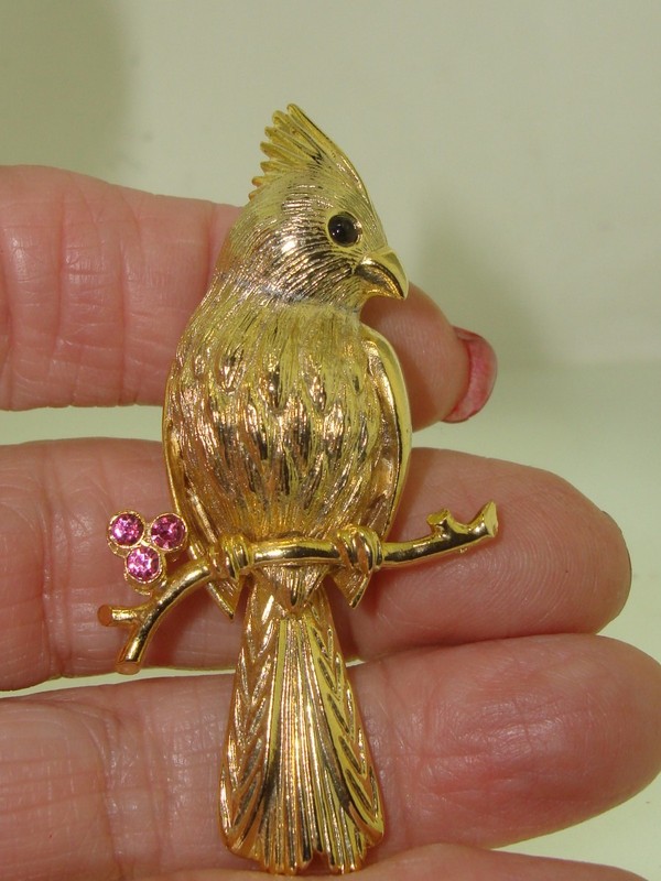 Vintage gold-tone bird brooch with pink rhinestones
