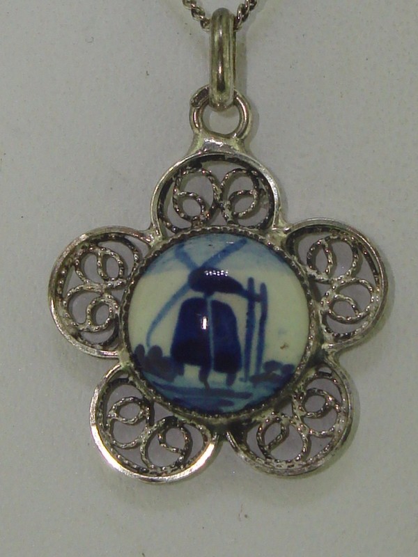 Vintage 835 silver filigree pendant necklace with a Delft windmill porcelain cabochon