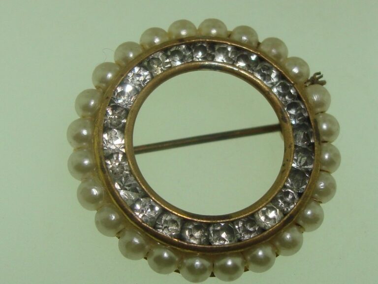 Vintage Art Deco pearl and paste pin, gold gilt metal, wired pearls, channel set stones
