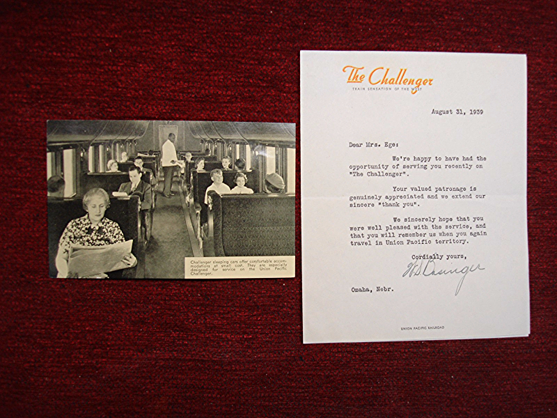 Vintage Union Pacific Challenger train postcard featuring a luxury sleeping car