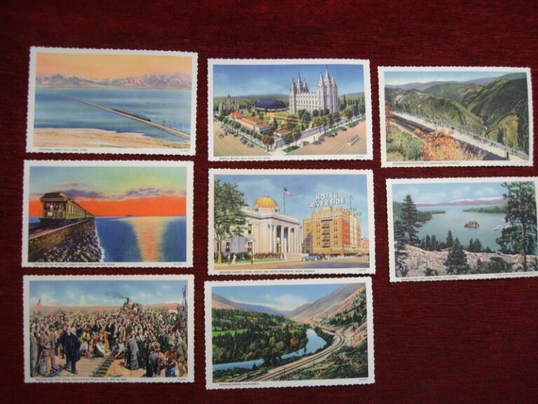 Set of 8 vintage Southern Pacific Railroad linen postcards featuring scenes from Utah, Nevada, and California.