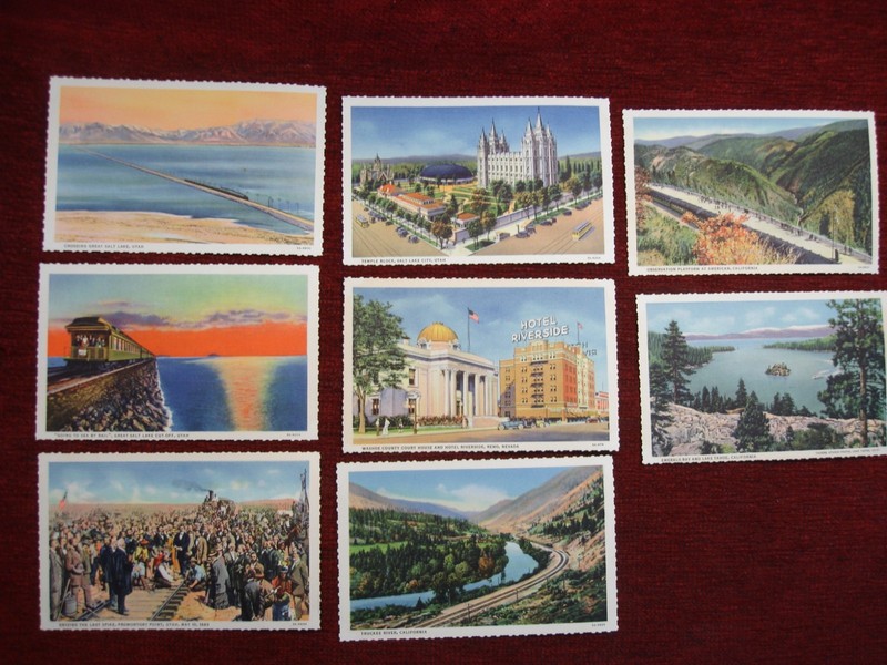 Set of 8 vintage Southern Pacific Railroad linen postcards featuring scenes from Utah, Nevada, and California.