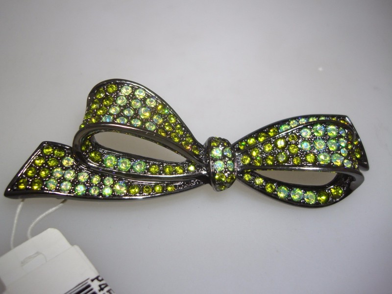 Vintage Carolee green rhinestone bow pin, AB aurora borealis, new with tags
