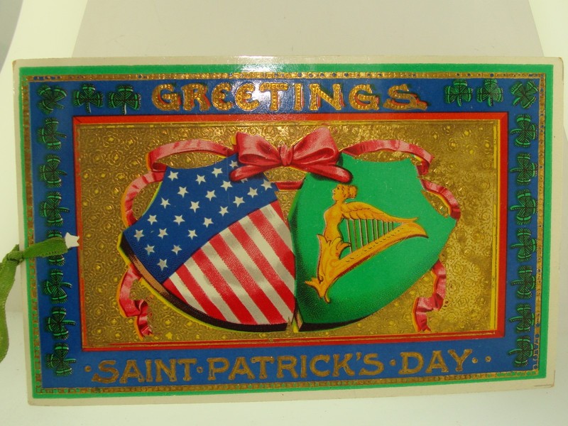 Antique 1913 St. Patrick's Day Postcard with embossed gold foil, featuring shamrocks, Irish and US flags.