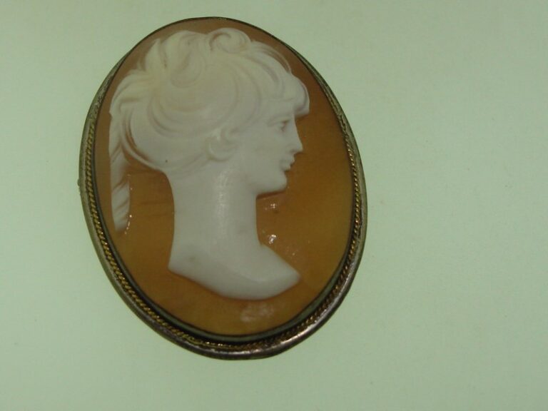 Vintage 800 silver cameo pin/pendant with gold trim, featuring a shell carving of a woman's profile.