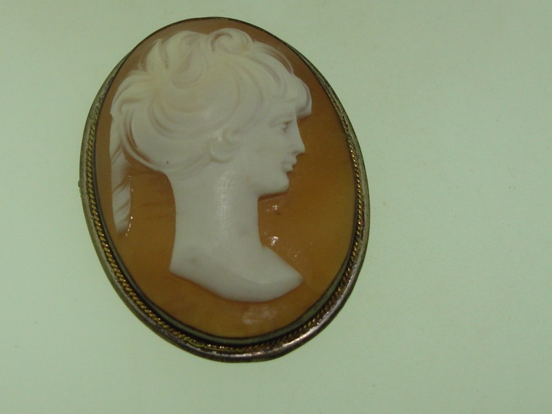 Vintage 800 silver cameo pin/pendant with gold trim, featuring a shell carving of a woman's profile.