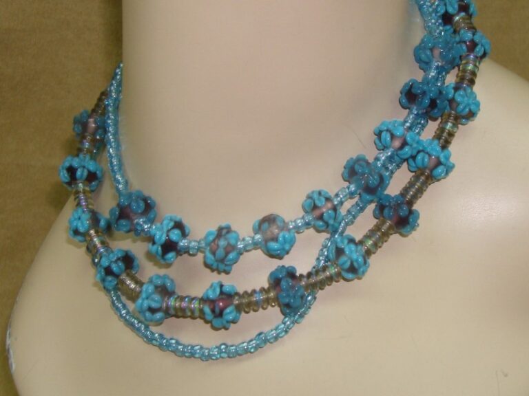 Vintage blue wedding cake and iridescent bugle bead choker necklace