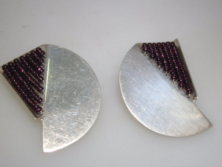 Vintage Artist Signed HA Sterling Silver & Amethyst Glass Bugle Bead Earrings