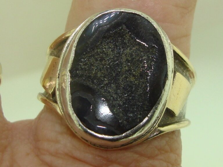 Artist signed black onyx druzy men's ring in sterling silver and 14K gold, size 11