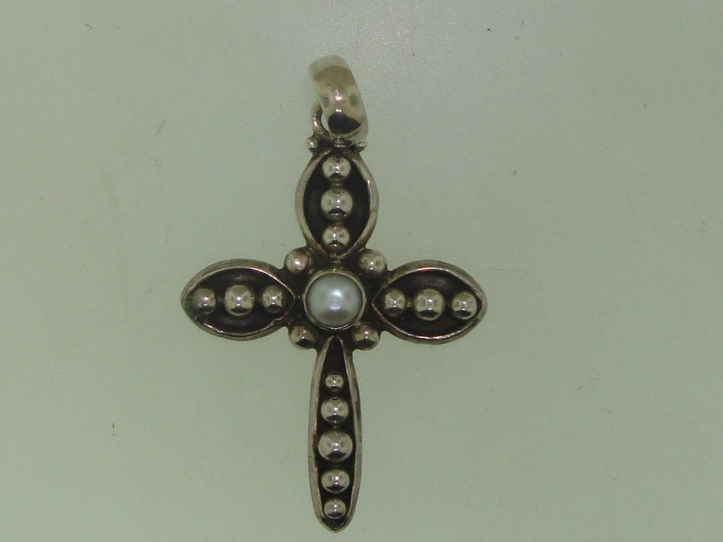 Vintage Sterling Silver Mabe Pearl Cross Pendant