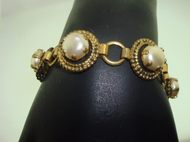 Vintage Art Deco Bracelet, Gold-Washed with Faux Pearl & Black Enamel