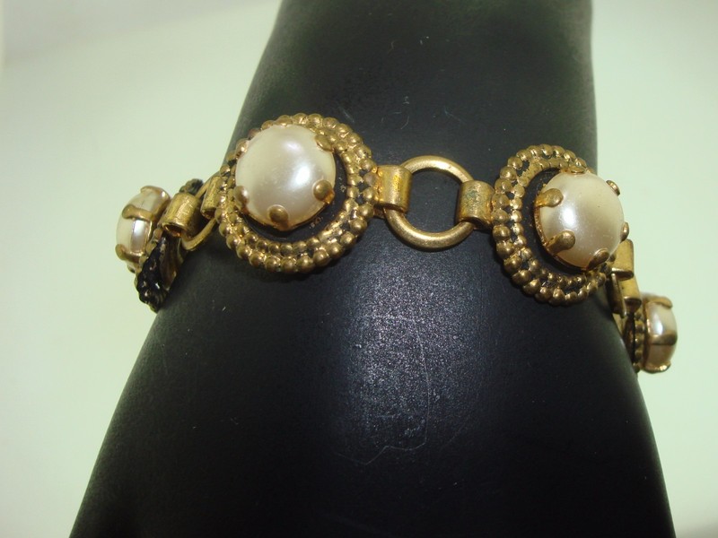 Vintage Art Deco Bracelet, Gold-Washed with Faux Pearl & Black Enamel