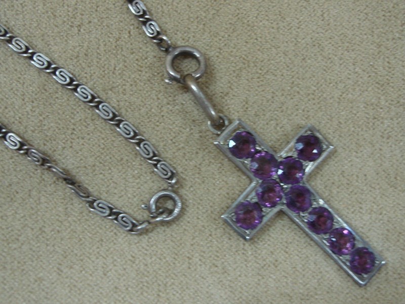 Vintage Art Deco sterling silver amethyst cross pendant necklace