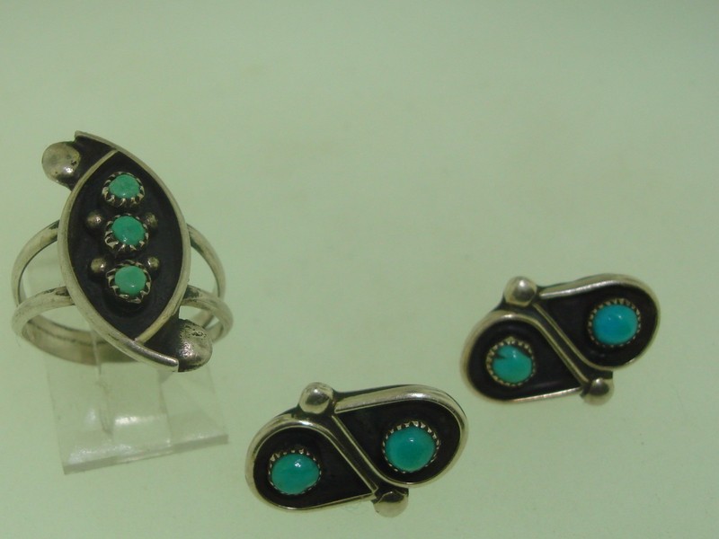 Vintage signed 'E' sterling silver turquoise ring and earrings set