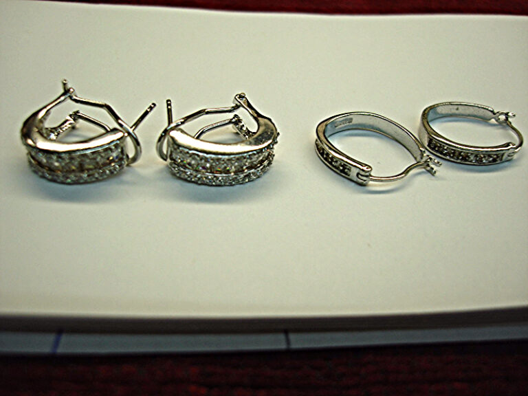 Sterling silver latch earrings with simulated diamonds, two pairs - round and baguette cut