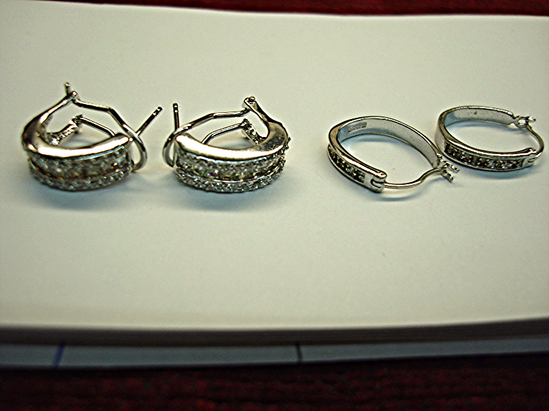 Sterling silver latch earrings with simulated diamonds, two pairs - round and baguette cut