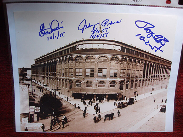 Vintage sepia-toned photograph of Ebbitt's Field, Brooklyn, featuring autographs of Clem Labine, Johnny Podres, and Roger Craig from the 1955 World Series.