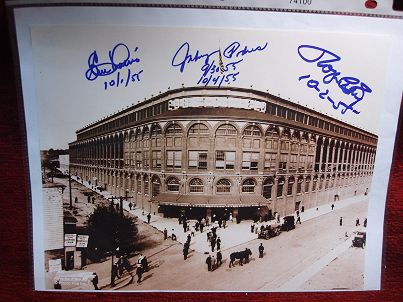 Vintage sepia-toned photograph of Ebbitt's Field, Brooklyn, featuring autographs of Clem Labine, Johnny Podres, and Roger Craig from the 1955 World Series.